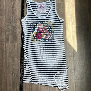 Johnny Was tank/Size Small/ black and white striped, colorful embroidery